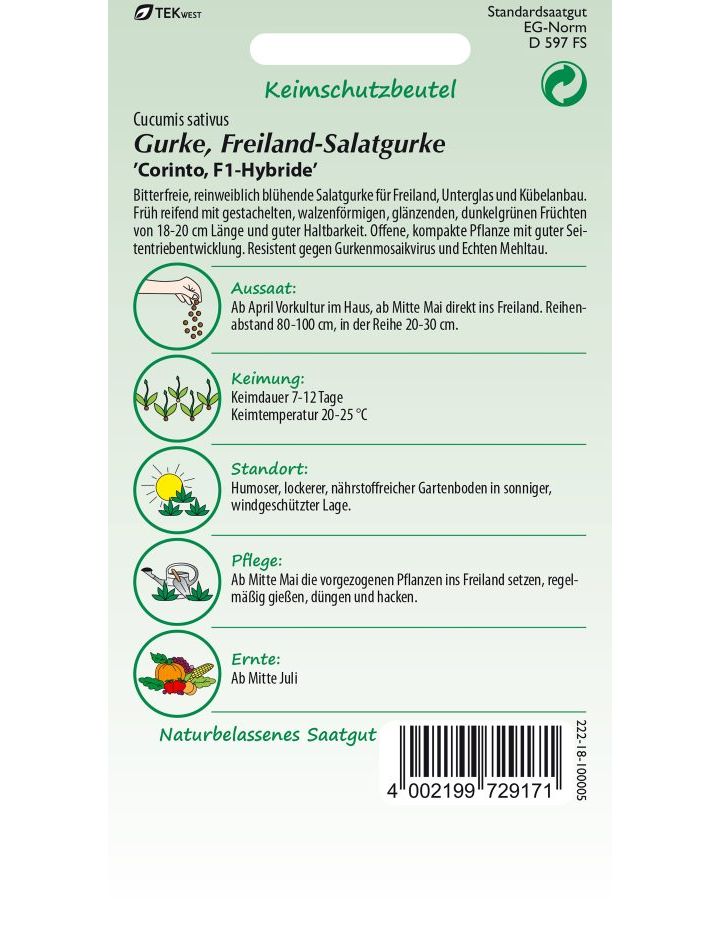 Bio Gurken Salat Gurke Corinto Länge 18-20 cm dunkelgrün Samen 